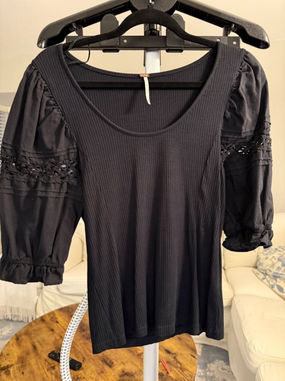 Free People Black Ribbed Scoop Neck Top Crochet Lace Puff Sleeve NWOT M